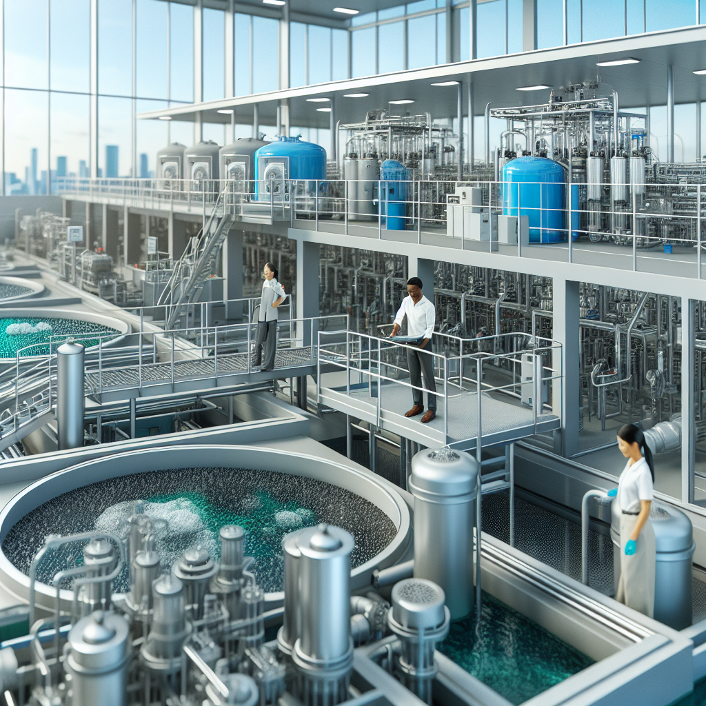 A modern wastewater treatment plant with various filtration systems, green technology integration, and workers in action