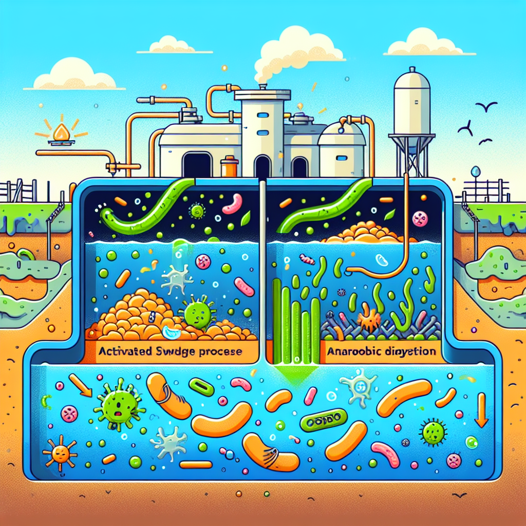 A vibrant illustration showing microorganisms actively breaking down sewage in an aerated tank, depicting both activated sludge process and anaerobic digestion