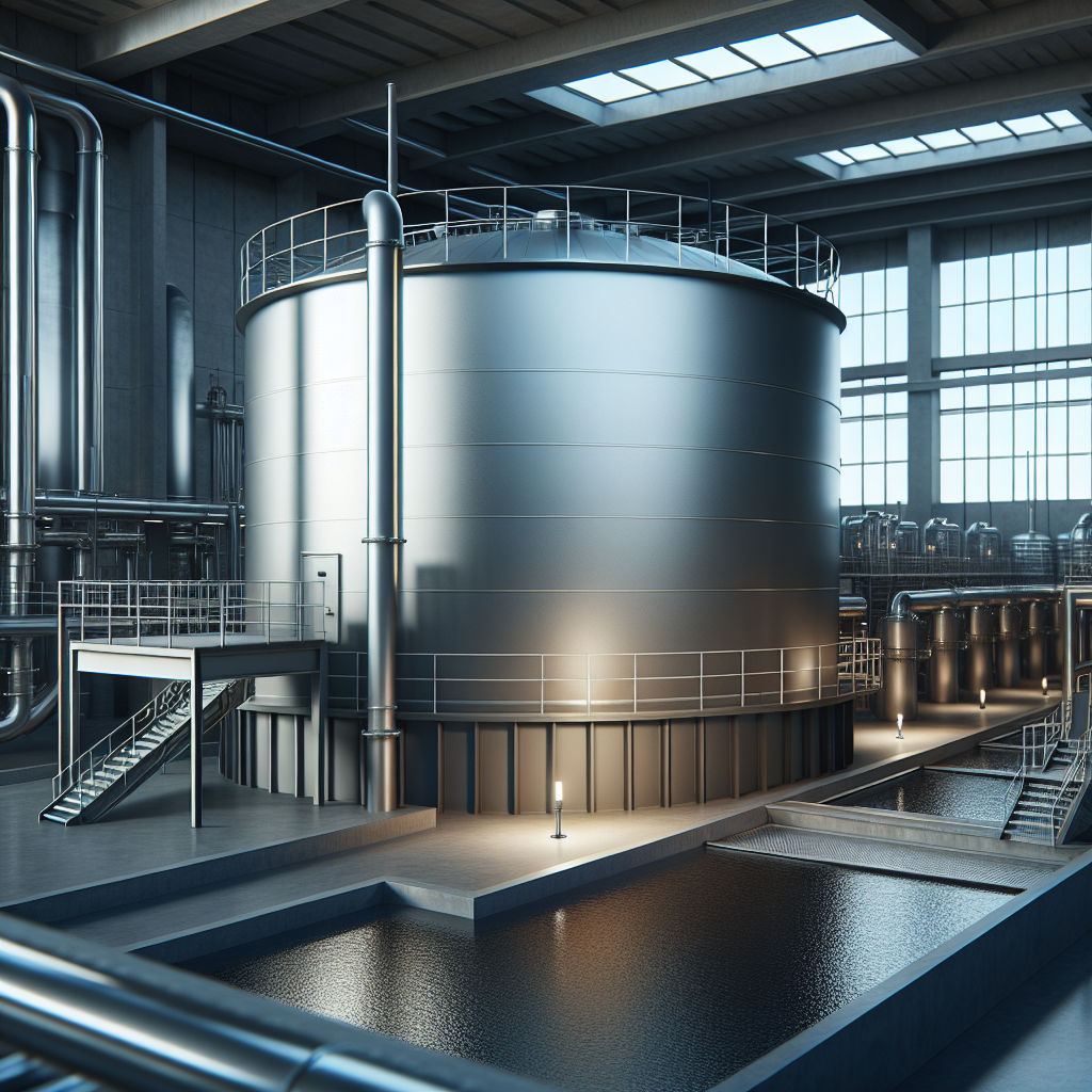 A large industrial steel tank in a modern wastewater treatment facility, showcasing its robust design and functionality