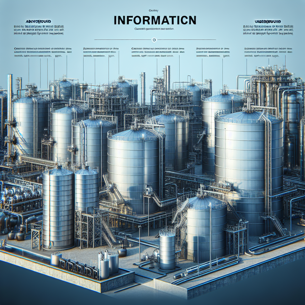 A detailed illustration showing various types of steel tanks including aboveground and underground options in an industrial setting.