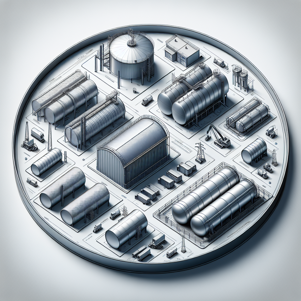 A detailed illustration of various types of steel tanks including aboveground, underground, double-wall, and single-wall designs in an industrial setting
