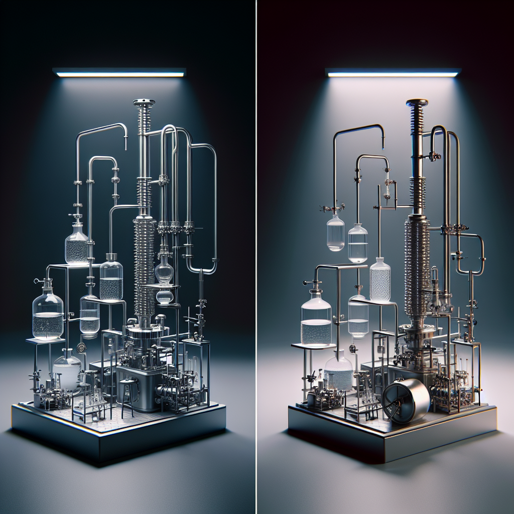 A sleek modern distillation setup in a laboratory environment, showcasing both industrial and home systems side by side with clear labels