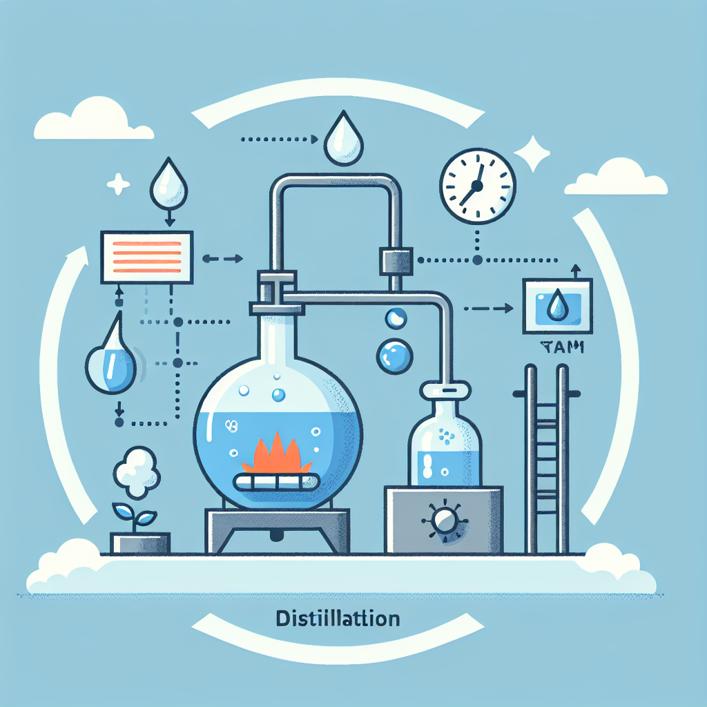 A diagram illustrating the distillation process with labeled steps showing heating, steam rising, condensation, and collection of distilled water