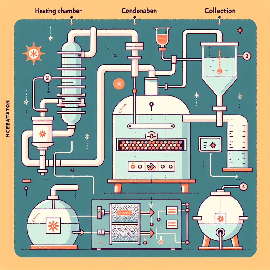 An illustrated diagram showing the steps of the distillation process with labeled parts like heating chamber, condenser, and collection vessel