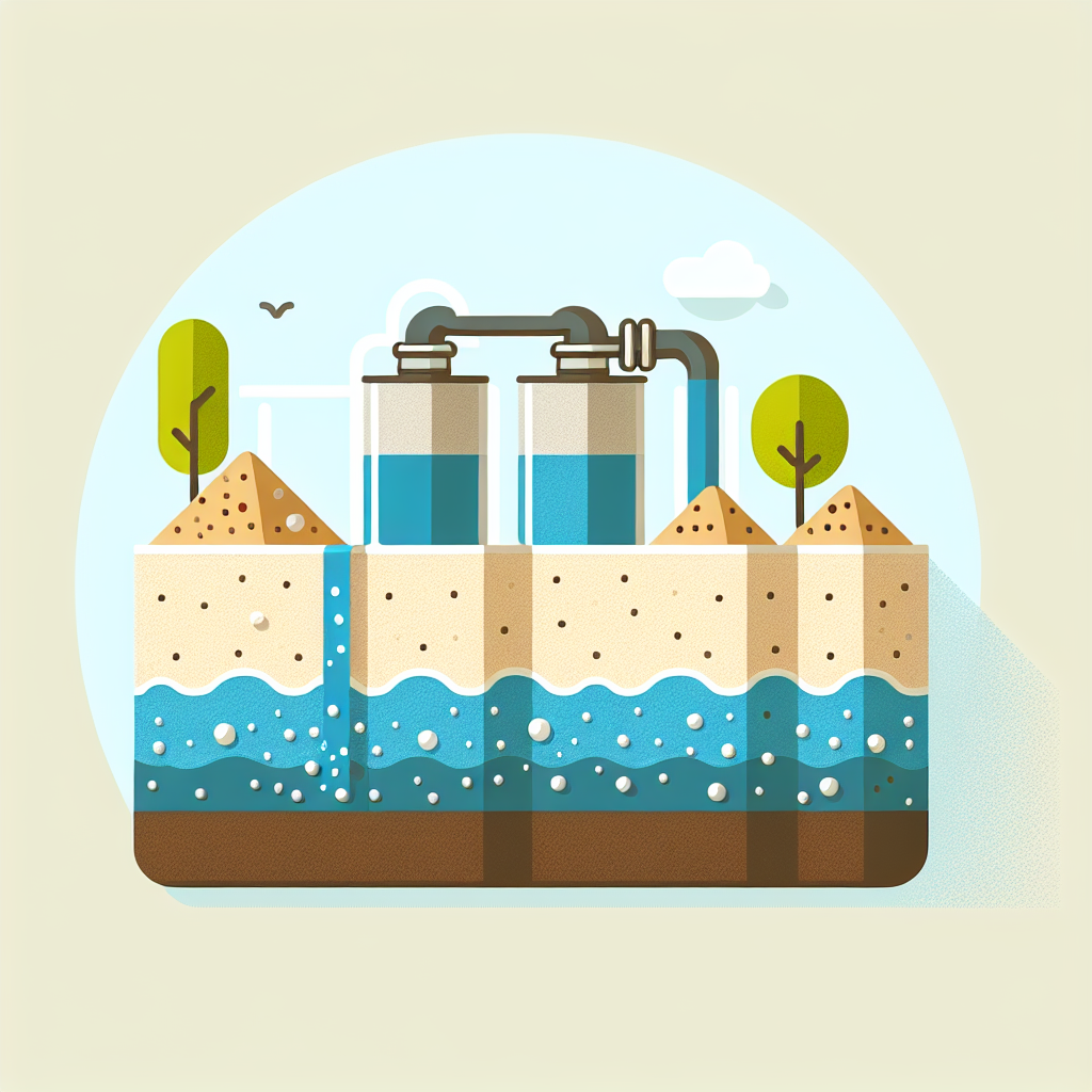 A detailed diagram showing the layers of a sand filtration system including gravel, sand, and effluent flow
