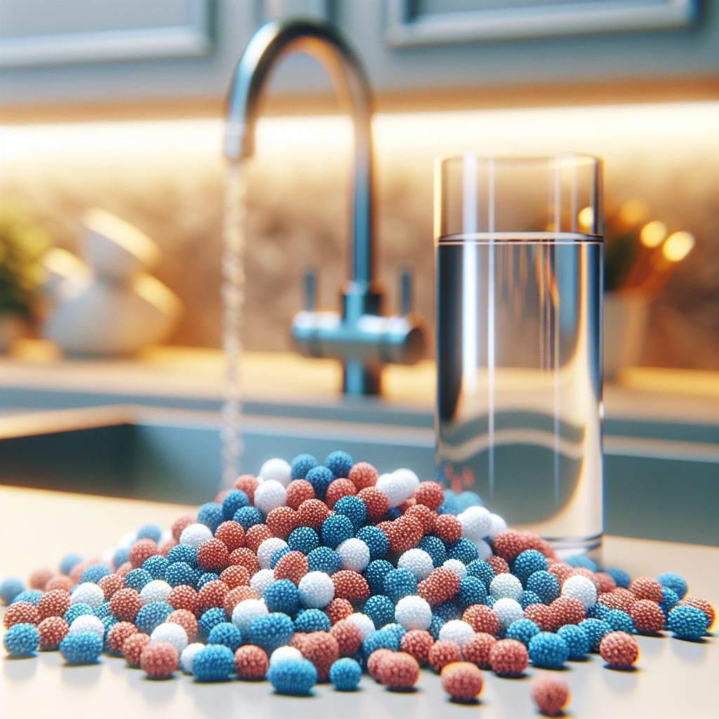 A close-up view of ion exchange beads in a water softener system, showcasing their vibrant colors and textures, with a blurred background of a modern kitchen sink.