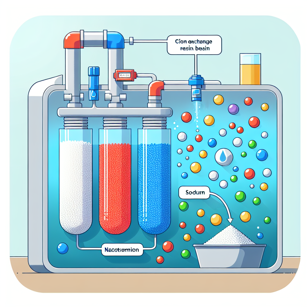 A detailed illustration showing the ion exchange process in a residential water softener unit with cation exchange resin beads exchanging sodium for calcium and magnesium ions
