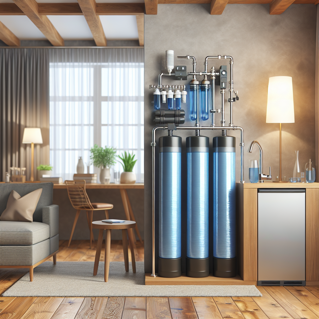 A modern residential ion exchange water softener system installed in a home setting