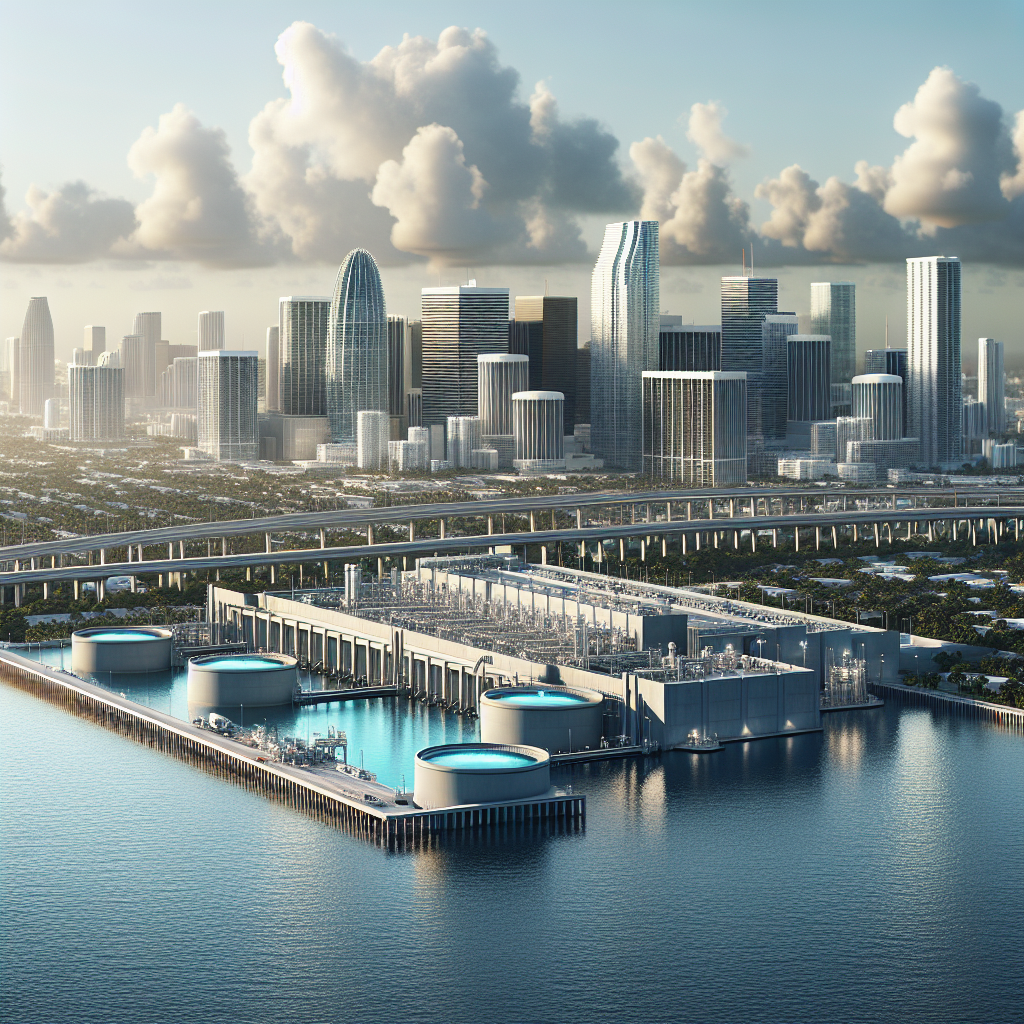A panoramic view of Miami's skyline with a modern water treatment facility in the foreground