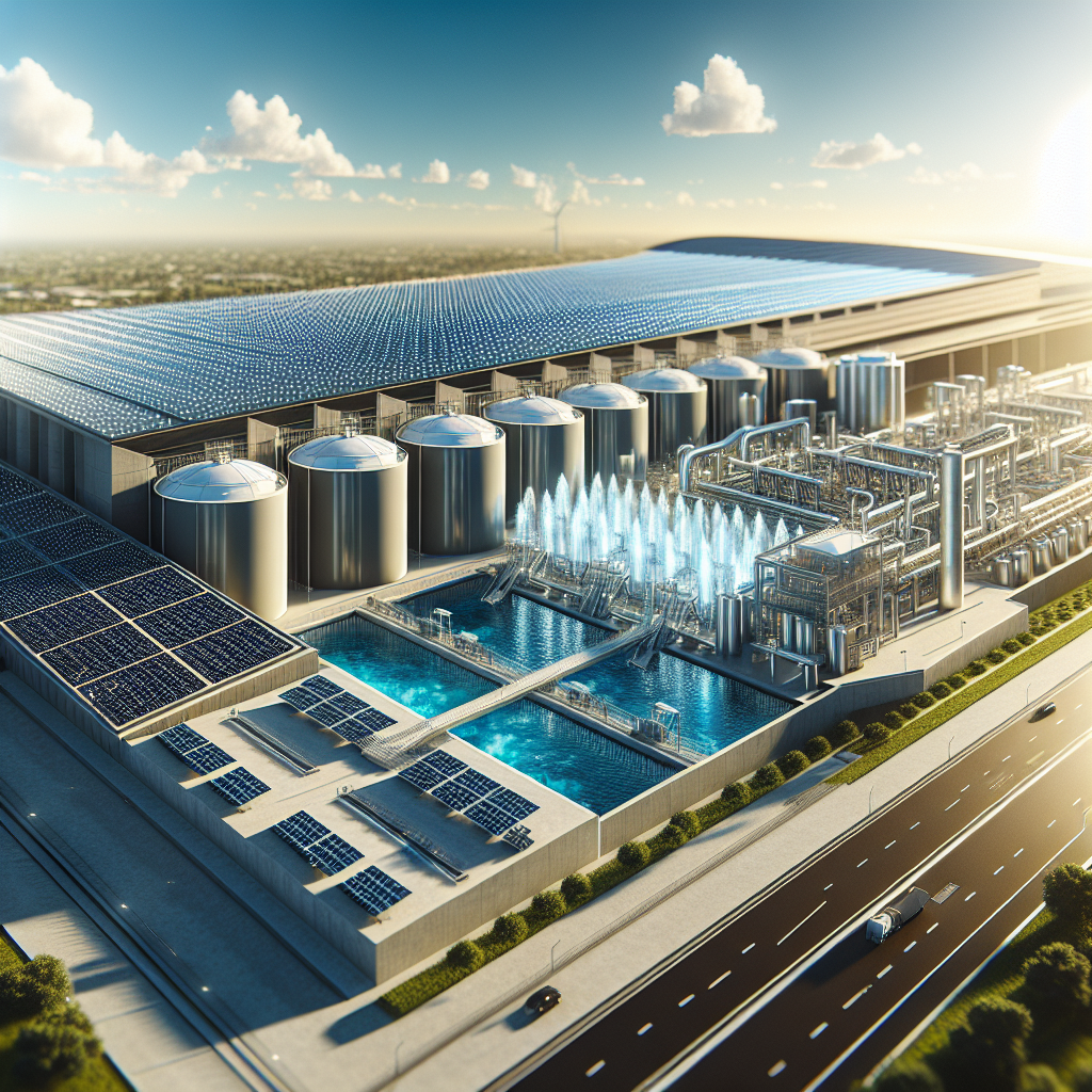 A modern water treatment facility in Miami-Dade with advanced technology, showcasing large tanks, filtration systems, and solar panels under a bright blue sky