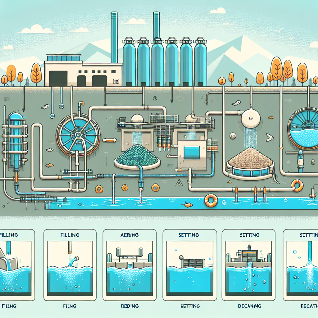 An illustration of sequencing batch reactor technology in action at a municipal wastewater treatment plant, showing different phases like filling, aeration, settling and decanting with clear water flowing out