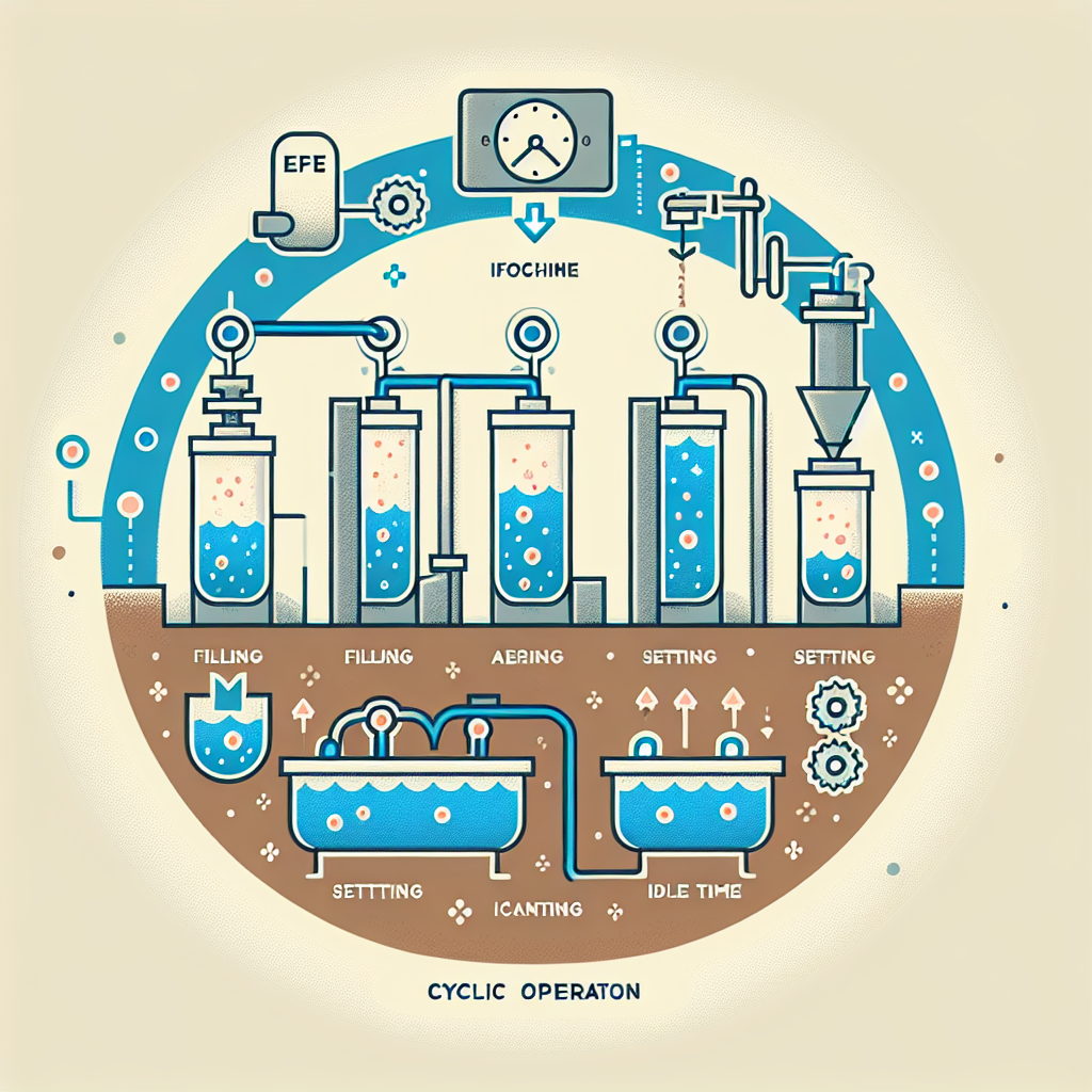 A diagram illustrating the cyclic operation phases of a sequencing batch reactor including filling, aeration, settling, decanting, and idle time
