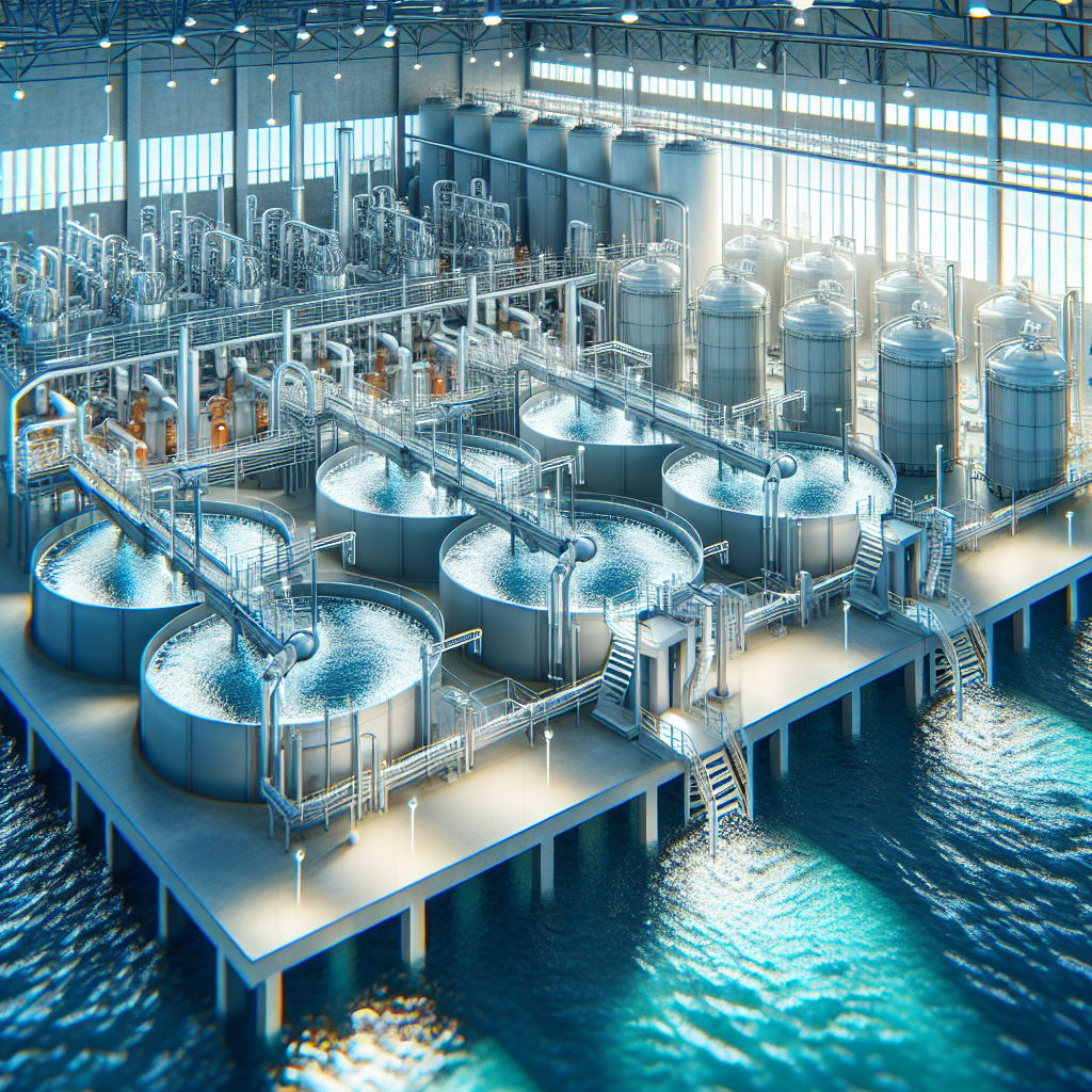 A modern municipal wastewater treatment plant featuring sequencing batch reactors with clear water purification processes visible.