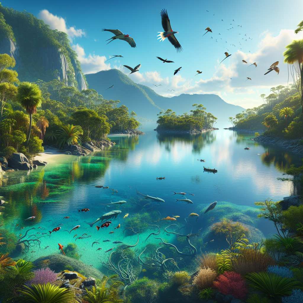 A vibrant coastal lagoon surrounded by lush vegetation with diverse wildlife