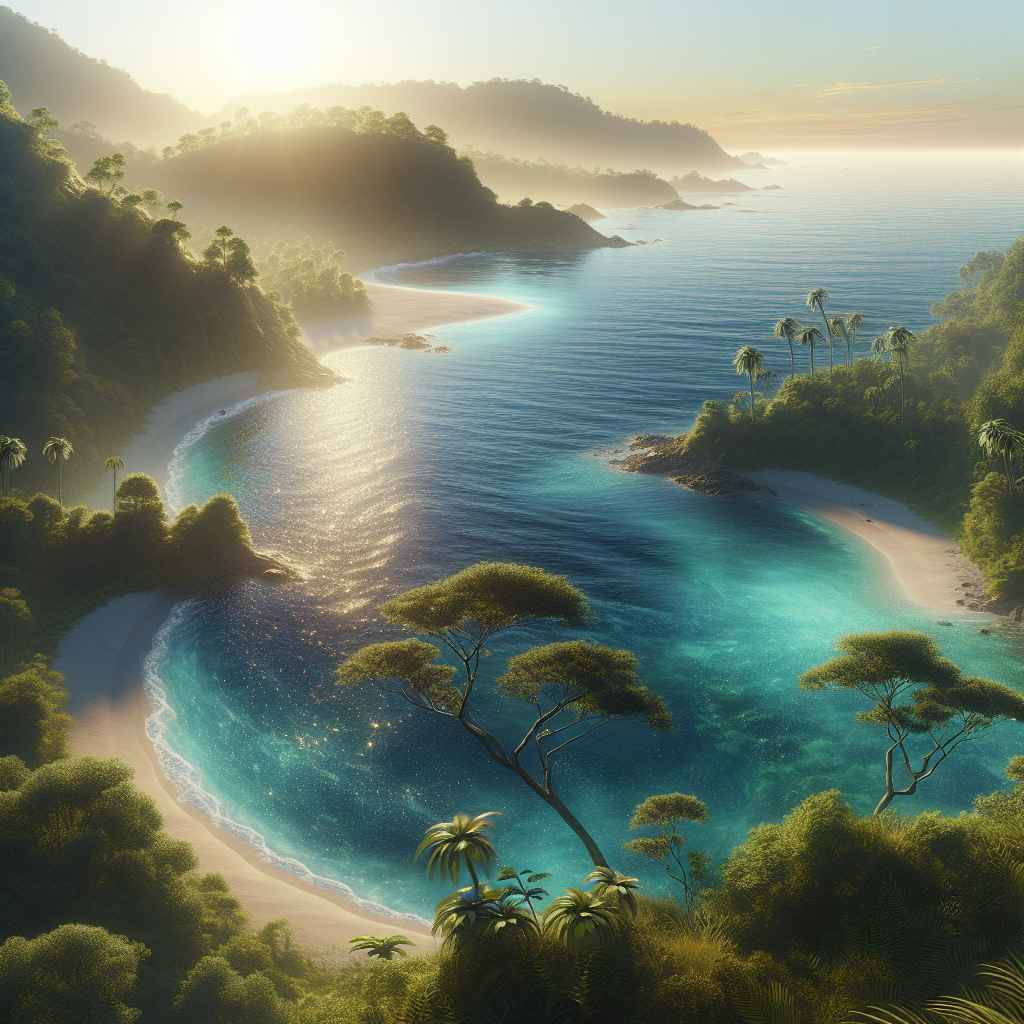 A picturesque coastal lagoon with clear blue waters surrounded by lush greenery and sandy beaches
