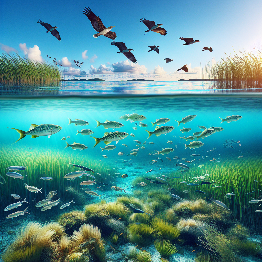 A vibrant lagoon ecosystem showcasing diverse wildlife including fish swimming among seagrass beds and birds flying overhead