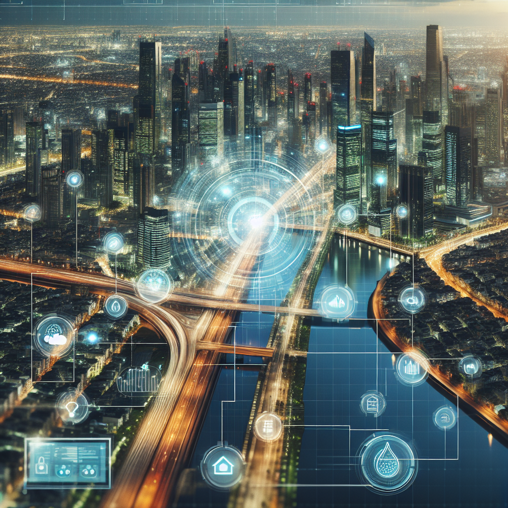 A modern cityscape featuring advanced smart water technology infrastructure with digital displays showing real-time data monitoring