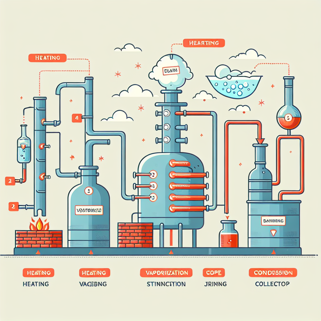 A detailed diagram illustrating the distillation process with labeled stages including heating, vaporization, condensation, and collection.