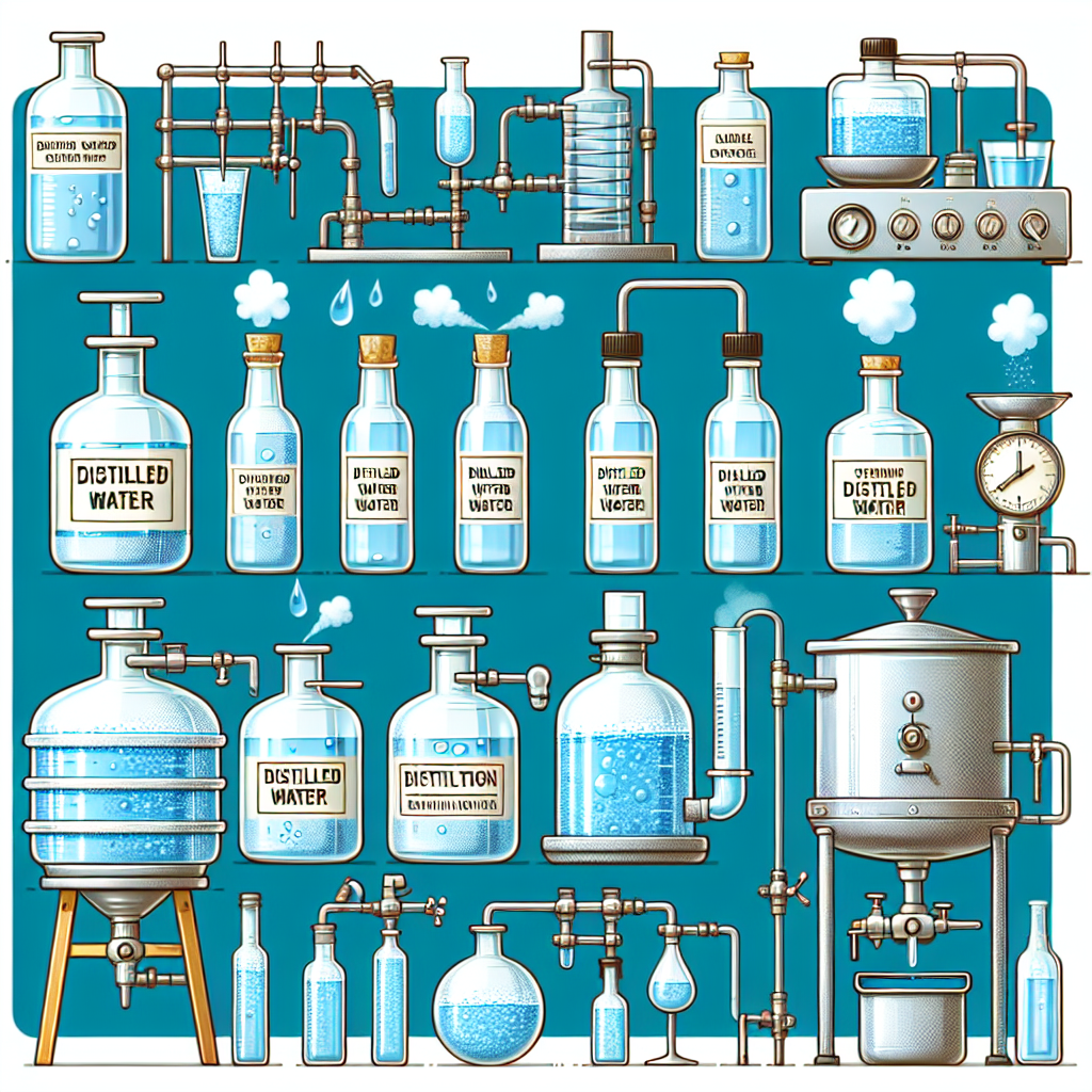 Various types of distilled water including lab-grade, bottled brands, homemade setup and steam distillation equipment