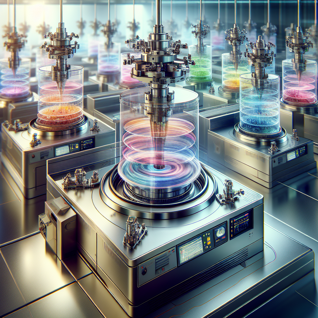 A high-tech laboratory setting showcasing various types of centrifuge machines in action with colorful liquids being separated