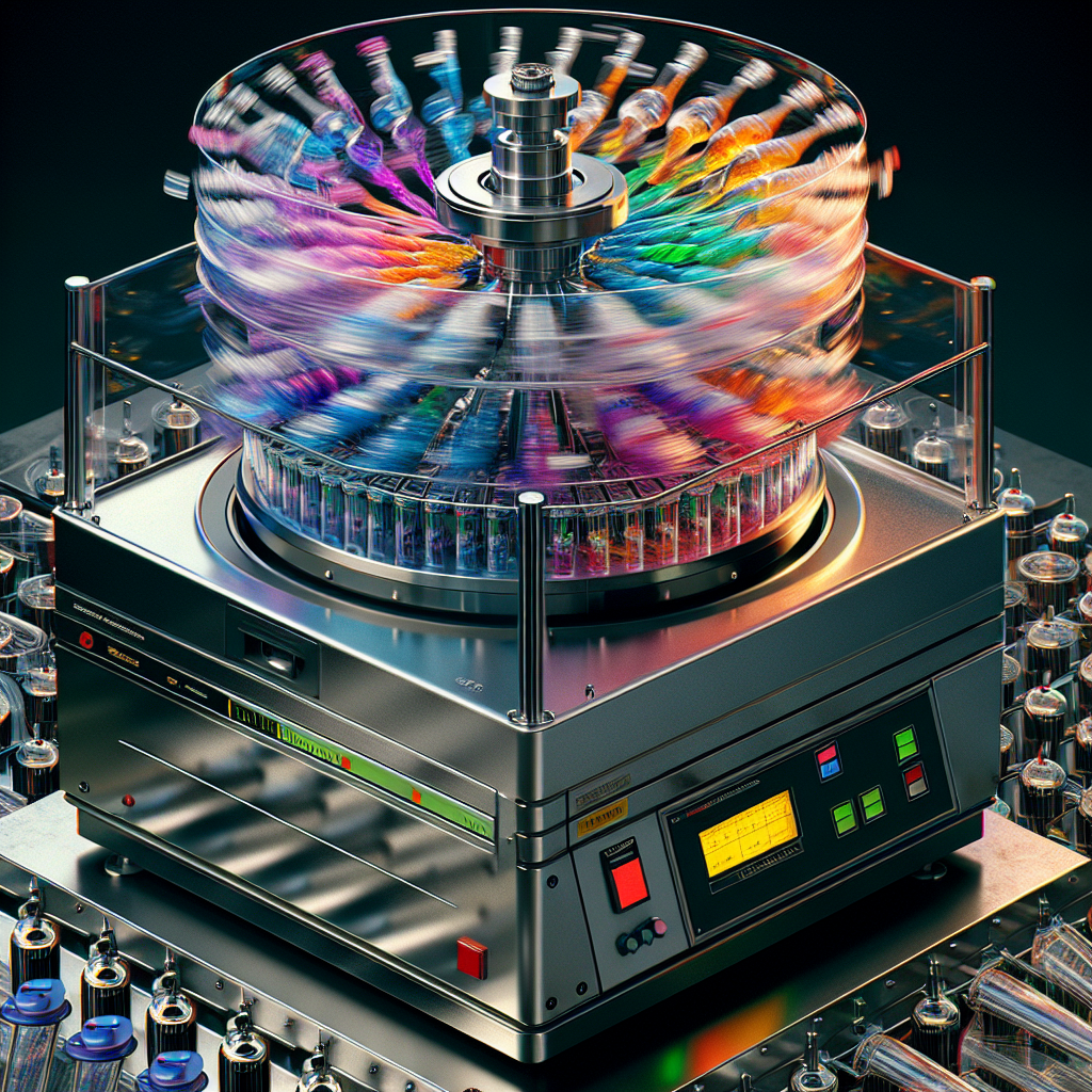 A high-speed laboratory centrifuge in action with colorful liquids spinning inside transparent tubes