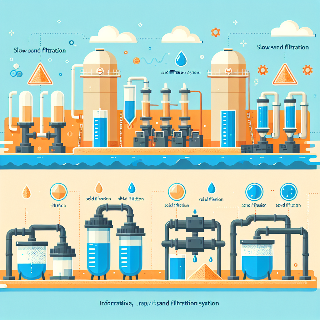 An infographic illustrating different types of sand filtration systems used in water treatment plants, showcasing slow sand filtration and rapid sand filtration methods