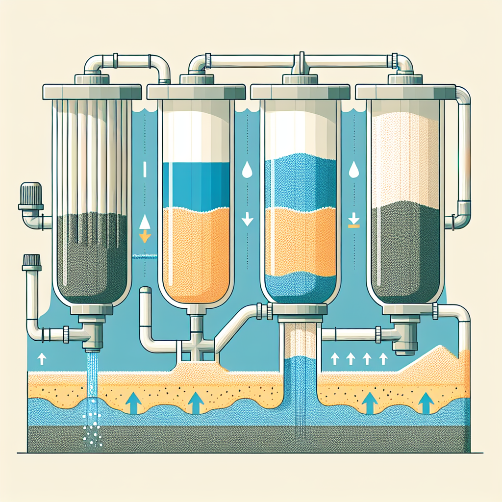 A detailed illustration of a sand filtration system showing layers of gravel and sand with arrows indicating water flow