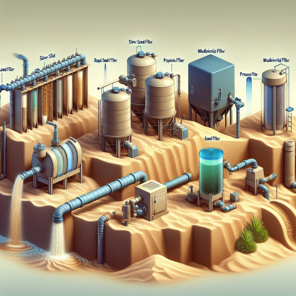 A collage illustrating different types of sand filtration systems including slow sand filter, rapid sand filter, pressure sand filter, multimedia filter and bio-sand filter