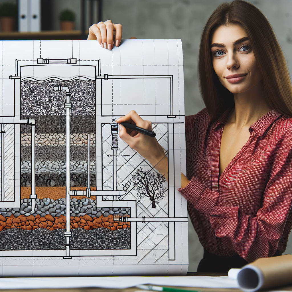 An engineer designing a sand filtration system with diagrams showing gravel and sand layers