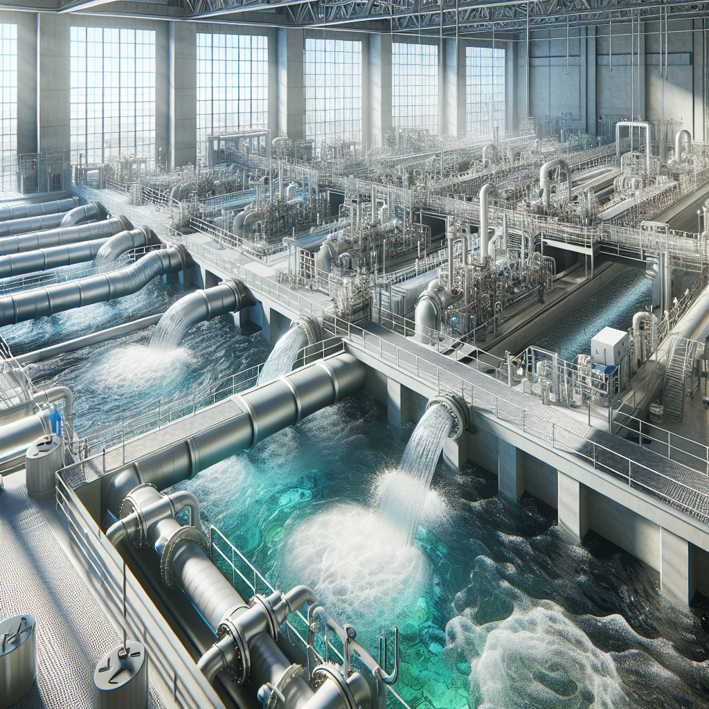 A modern wastewater treatment facility with clear water flowing through pipes and visible sanitation protocols being practiced