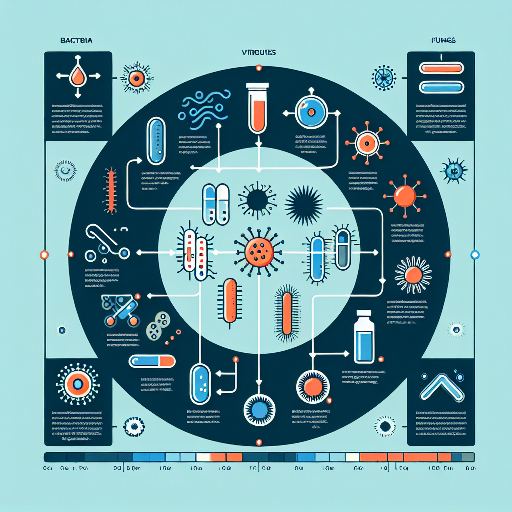 A detailed infographic showing types of microbial contamination in water systems including bacteria, viruses, fungi, and their impacts on health