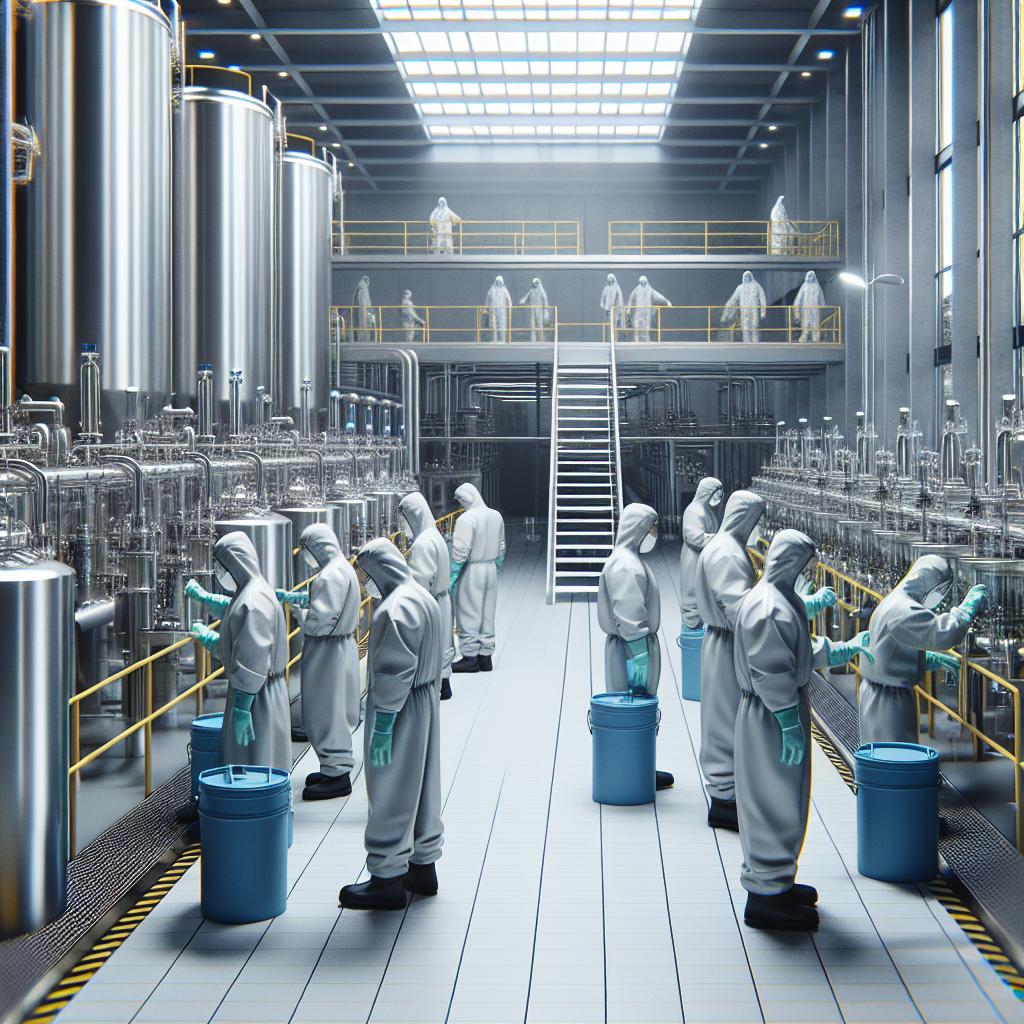 A modern water treatment facility with advanced sanitation protocols in action, showcasing staff in protective gear performing sterilization techniques