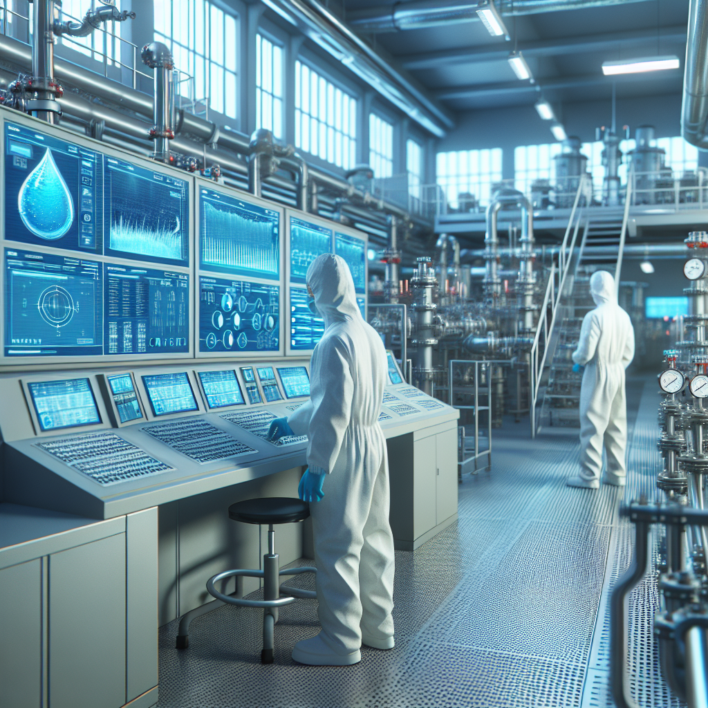 A wastewater treatment facility with advanced monitoring systems in action, showing technicians conducting tests on water samples