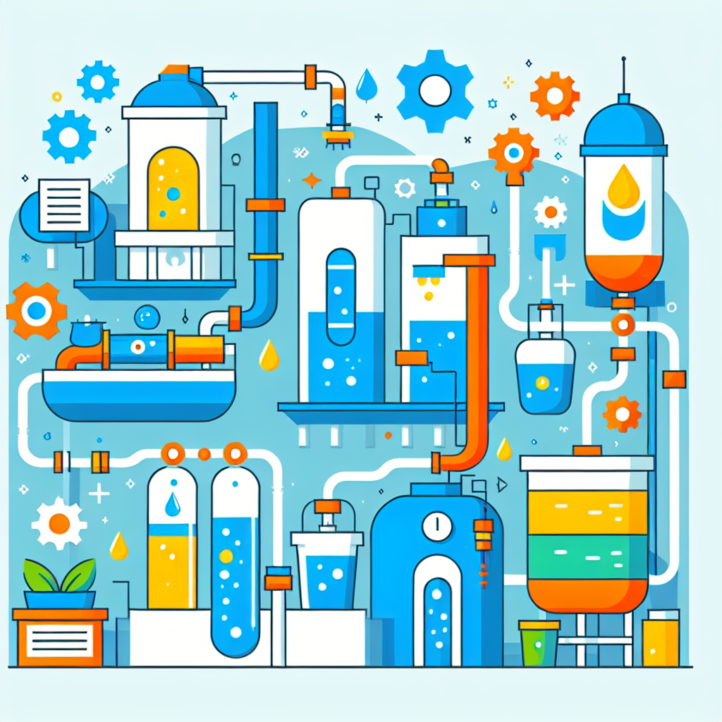 A vibrant illustration showing various stages of water treatment processes including coagulation, filtration, disinfection, and chemical dosing systems