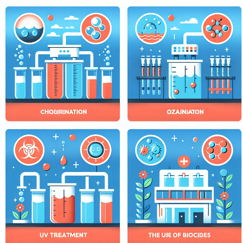 A vibrant infographic illustrating various water disinfection techniques including chlorination, ozonation, UV treatment, and biocides with visual representations