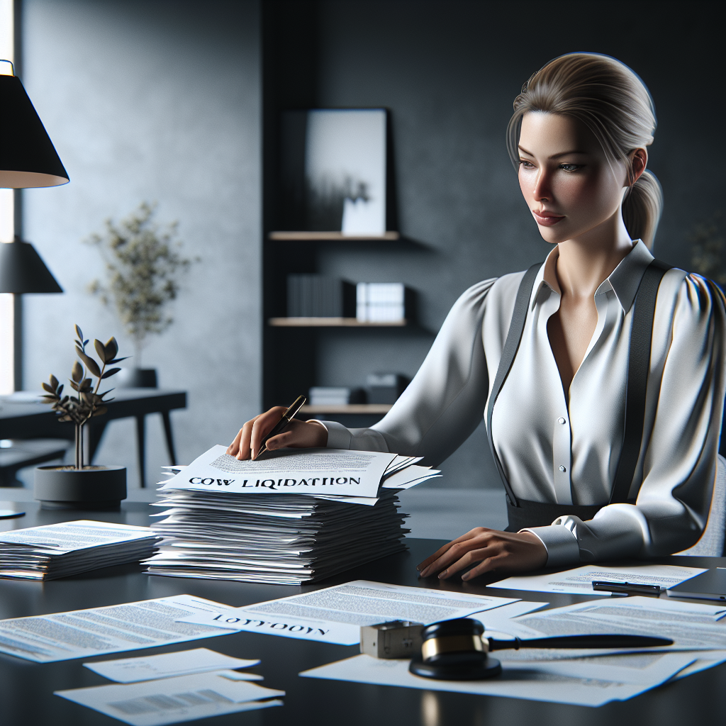 A professional setting with a person reviewing legal documents related to company liquidation in a modern office