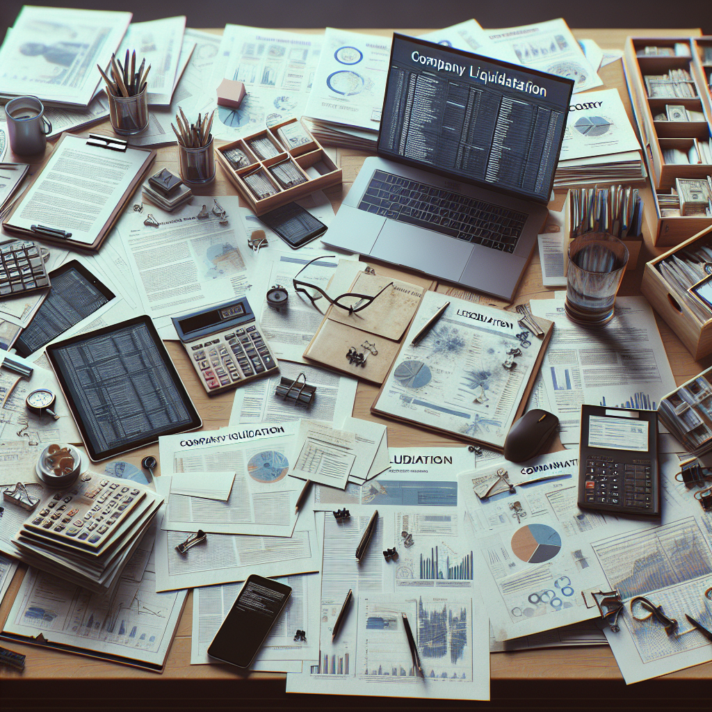A cluttered desk with various documents related to company liquidation organized neatly for review