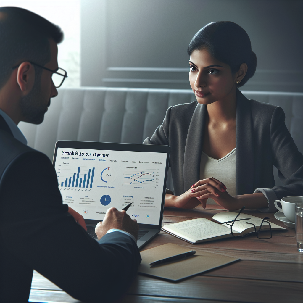 Photo realistic image of a small business owner reviewing website analytics and Google Business Profile insights on a laptop with a consultant across the table, professional mood