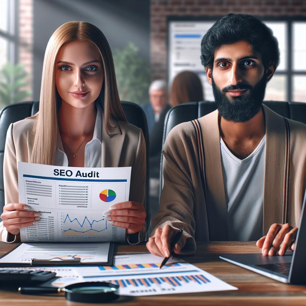 Photo realistic image of a consultant and a local business owner reviewing a printed SEO audit and Google Business Profile insights on a table, with a laptop displaying Search Console data; professional, analytical mood