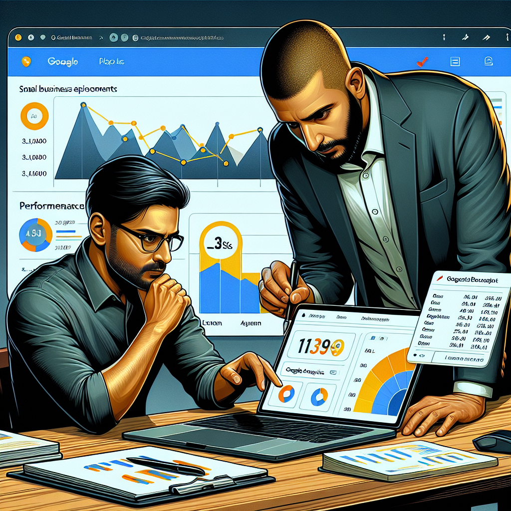 Photo realistic image of a small business owner and an SEO consultant reviewing a KPI dashboard on a laptop showing Google Analytics and Google Business Profile metrics, professional mood