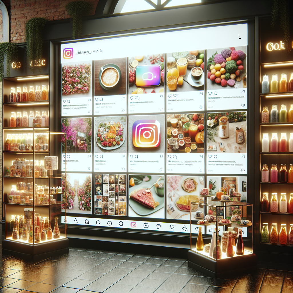 A vibrant digital storefront showcasing various products with engaging Instagram posts displayed on screens