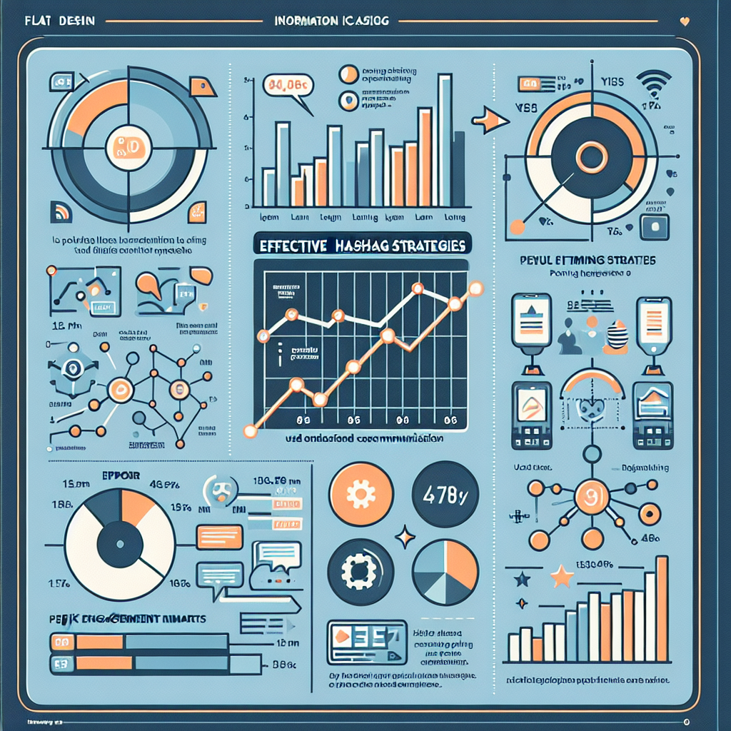 A creative visual representation of effective hashtag strategies including popular vs niche tags, timing charts, and user engagement metrics