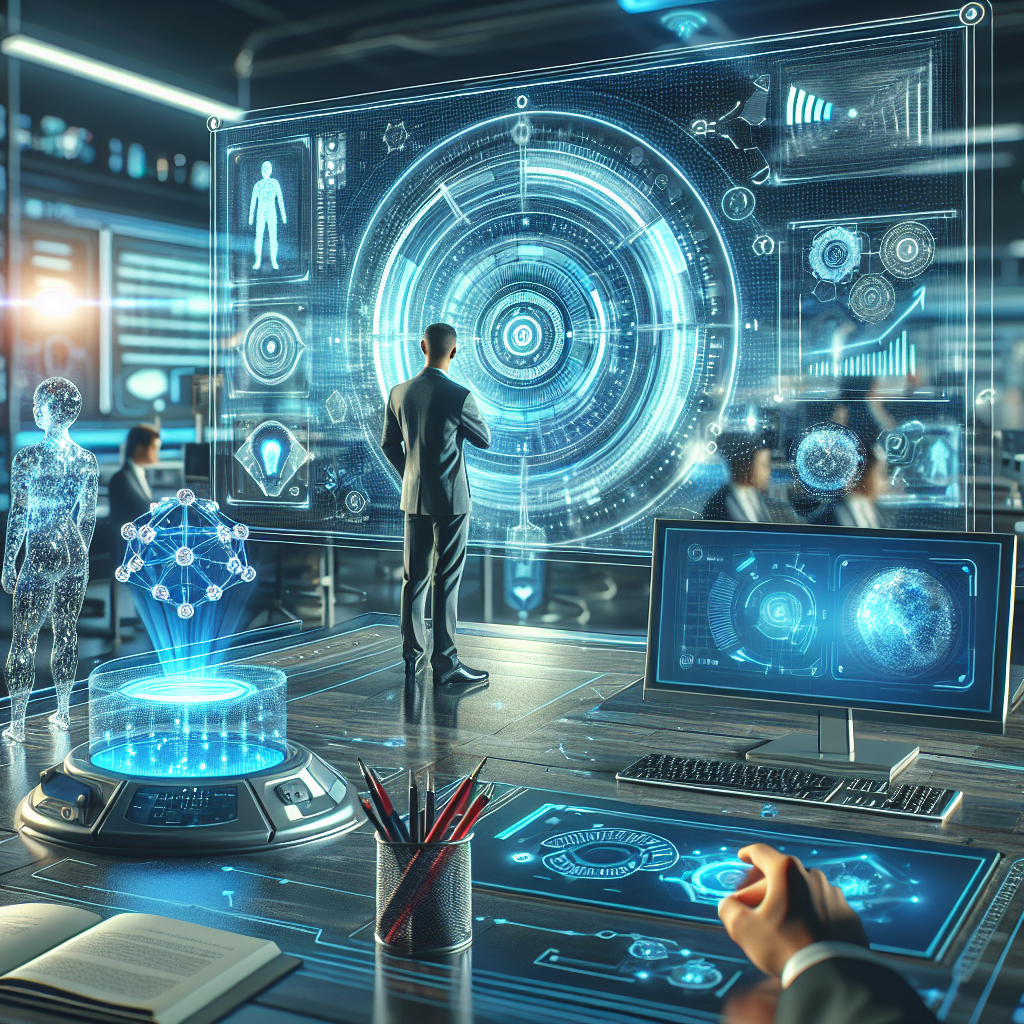 A futuristic digital marketing scene showcasing artificial intelligence tools being used by small business owners