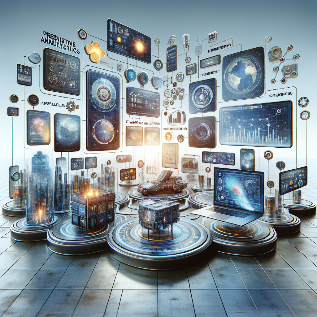 A futuristic digital marketing landscape showcasing predictive analytics tools and hyper-personalized ads being displayed on various devices