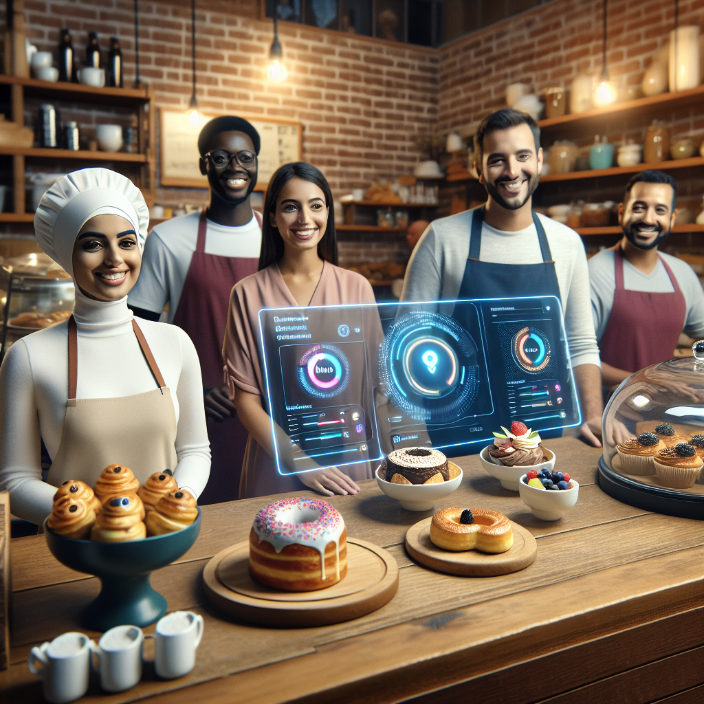 A cozy bakery scene showcasing staff utilizing AI tools like chatbots and analytics dashboards while customers enjoy pastries