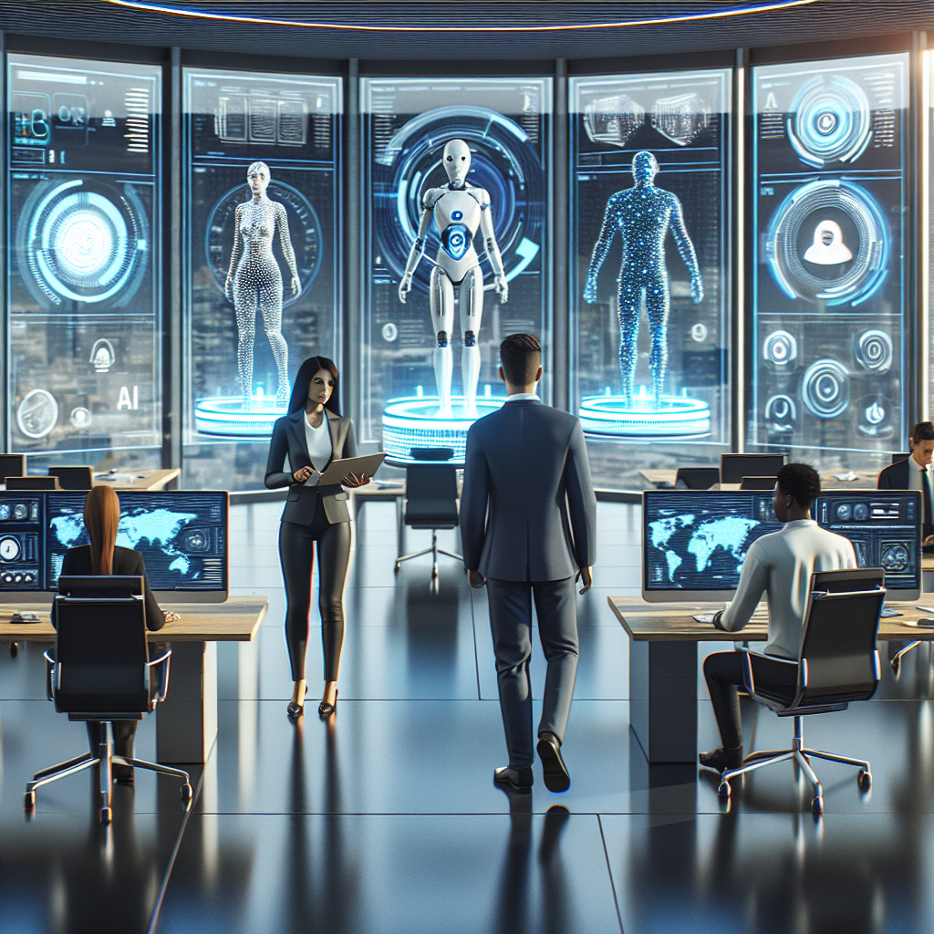 A futuristic office environment showcasing diverse professionals collaborating with advanced AI technology, including screens displaying data analytics and virtual assistants