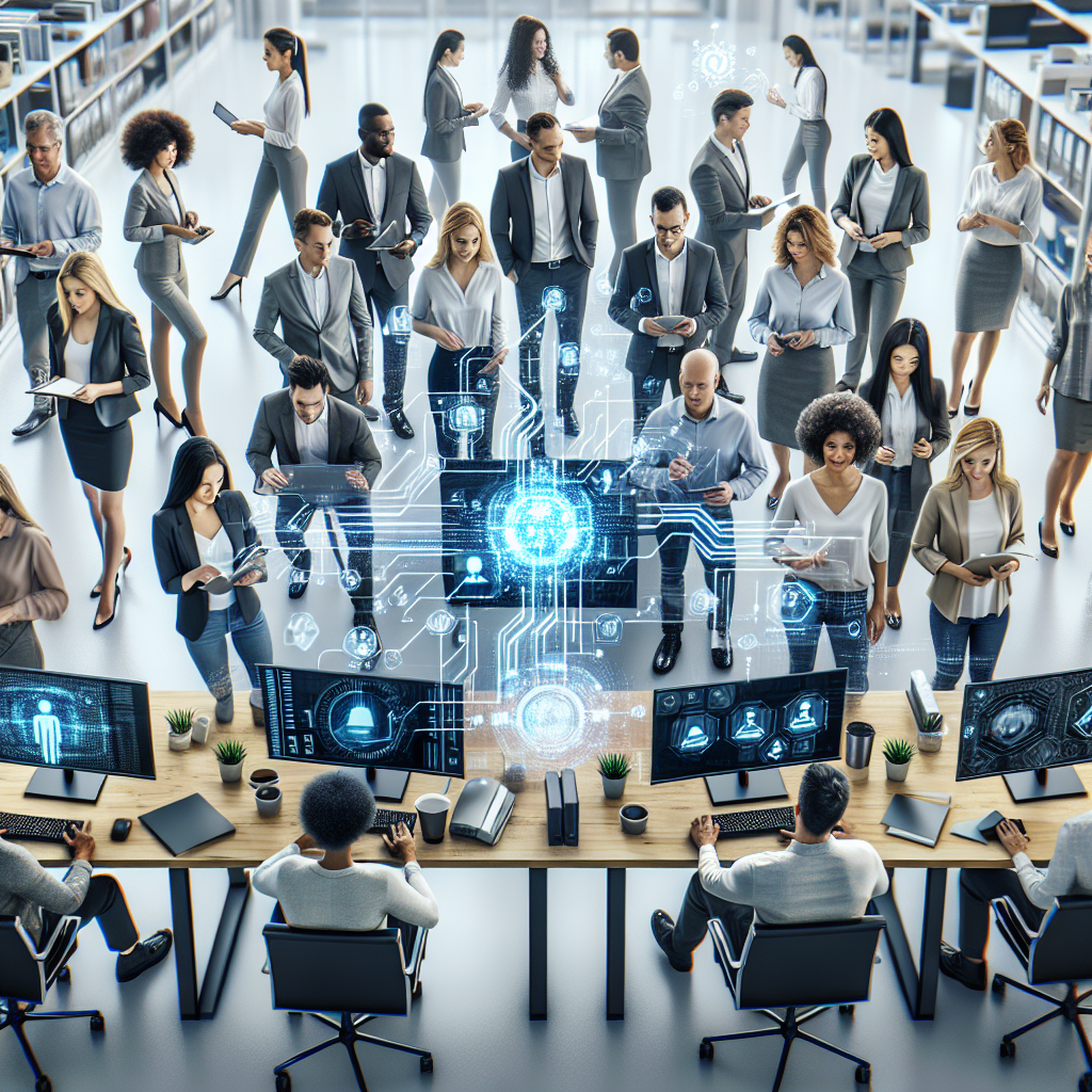 A dynamic office environment showcasing teams utilizing AI technology for workflow optimization, including screens displaying automated processes and collaborative tools