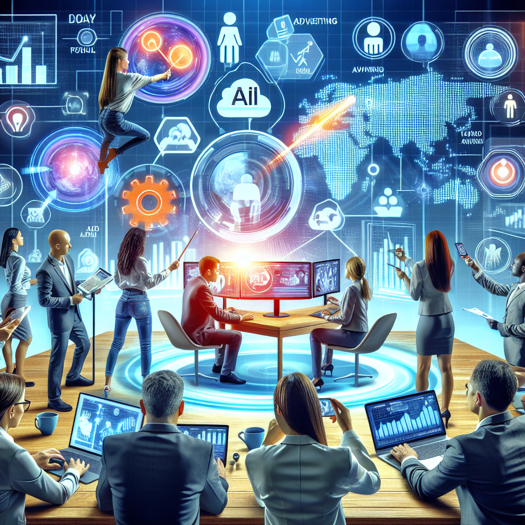 A vibrant digital marketing scene showcasing diverse professionals analyzing data analytics dashboards while planning targeted advertising strategies using AI technology