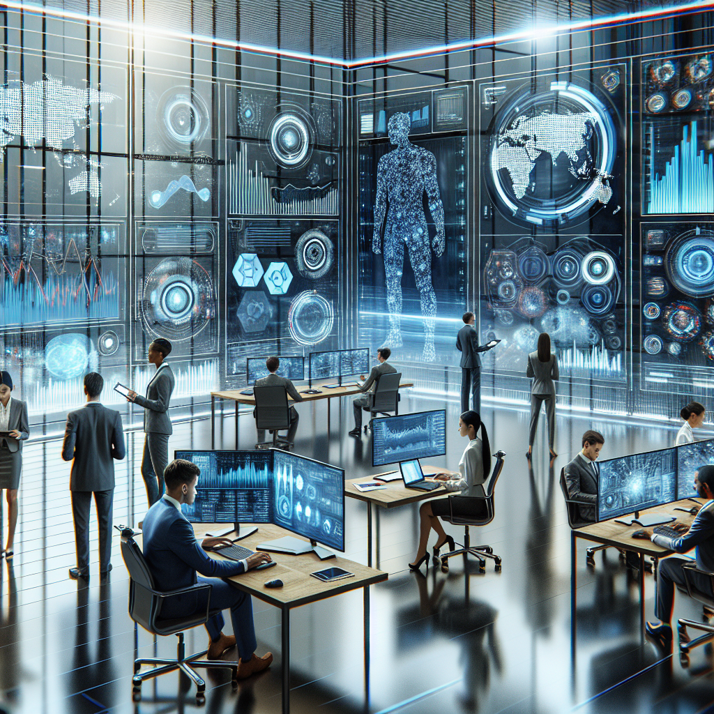A modern finance office showcasing professionals using advanced AI technology for budgeting and forecasting tasks, including screens displaying real-time financial analytics