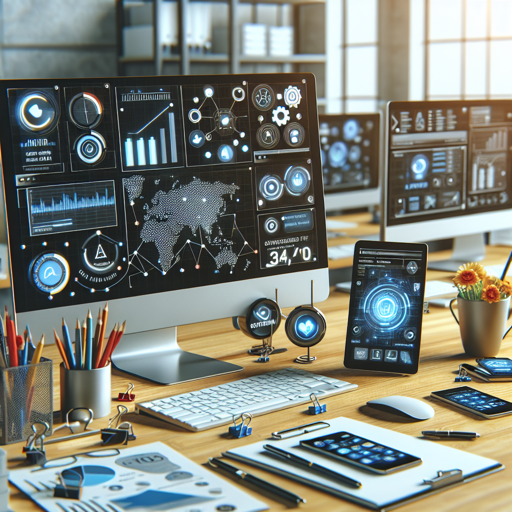 A modern office setup showcasing various digital marketing tools with automated notifications popping up on screens